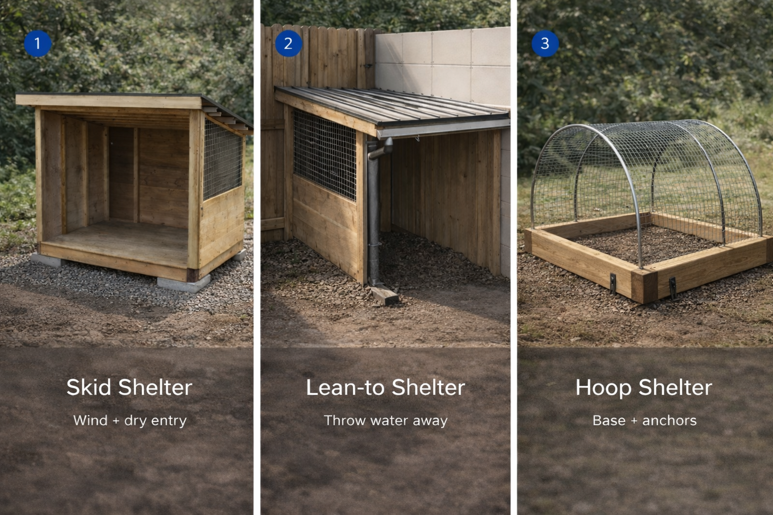 Triptych showing skid shelter, lean-to shelter, and hoop shelter designs for backyard chicken runs.