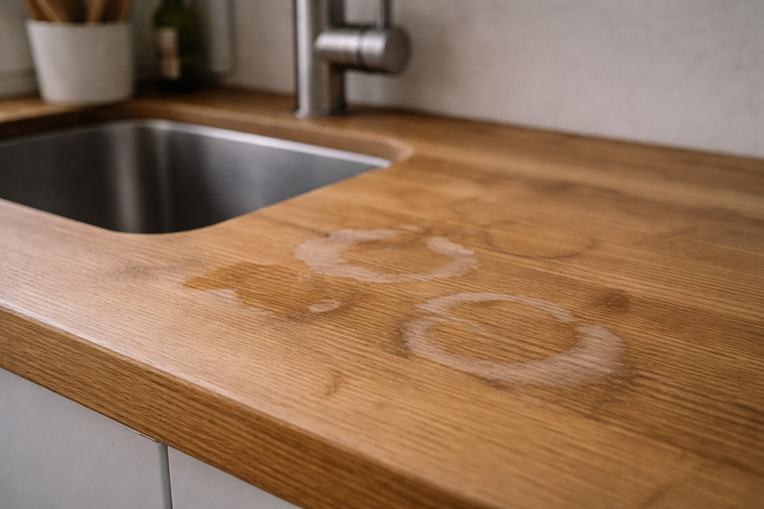 Wood kitchen benchtop showing water rings and surface wear from daily use.