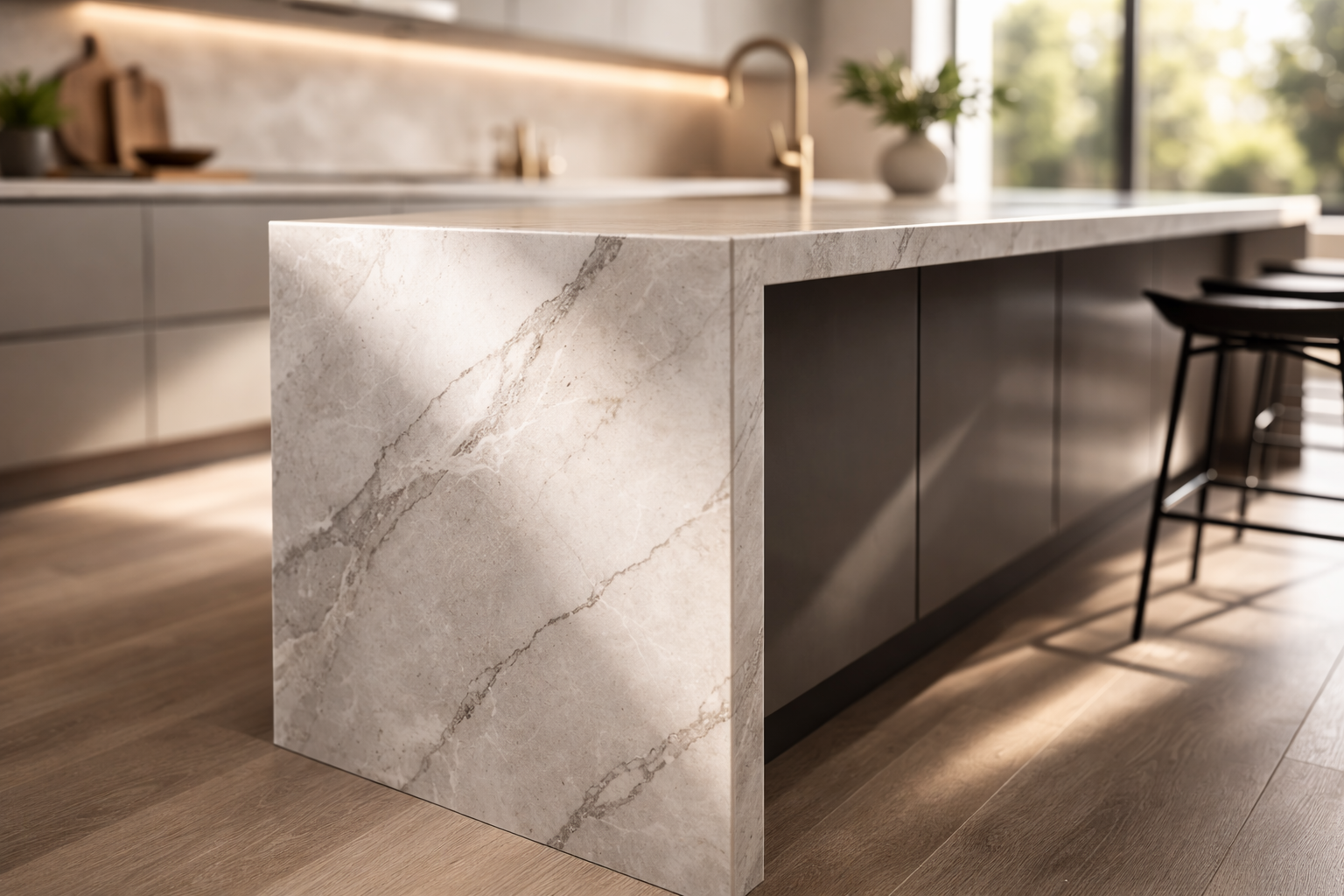 Kitchen island waterfall edge with the countertop slab dropping down the cabinet side.