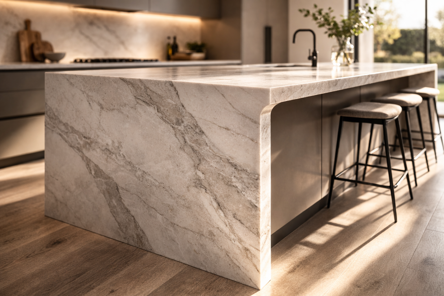Waterfall countertop detail showing vertical stone panel and continuous edge in natural light.