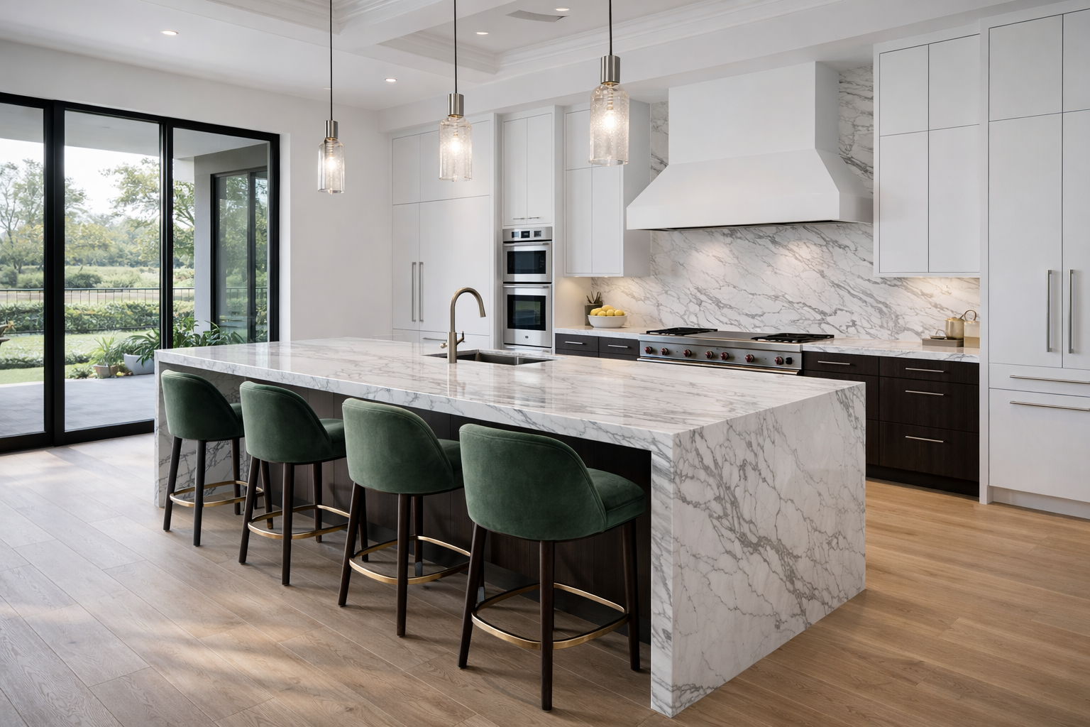 Modern kitchen with a marble waterfall island, white cabinetry, and green upholstered stools.