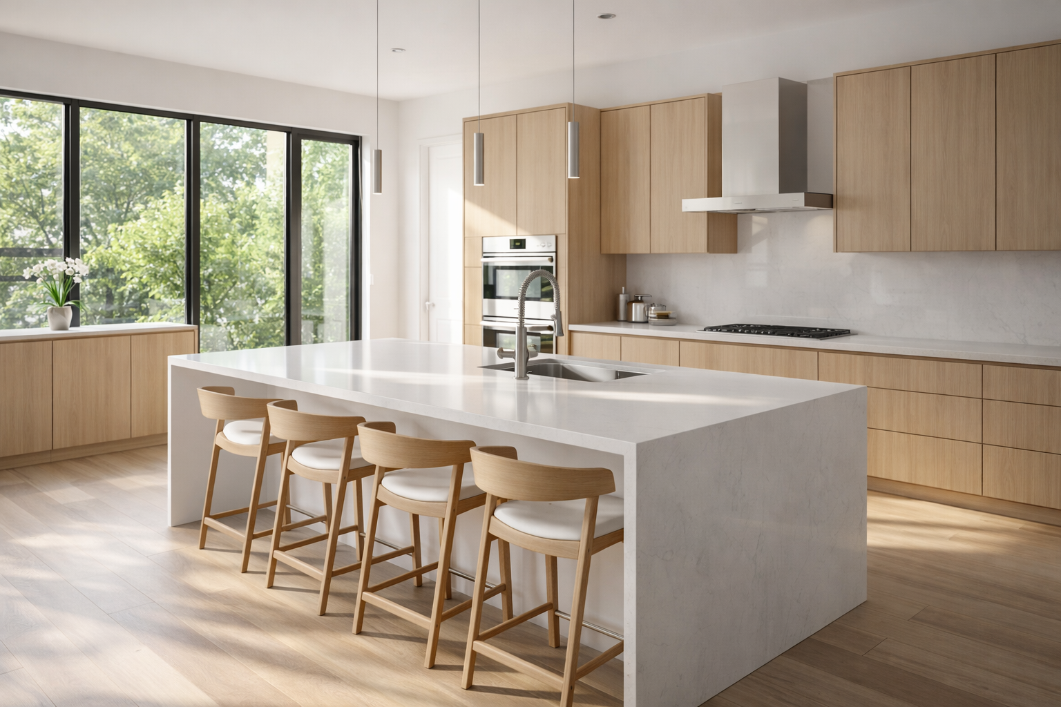Bright minimalist kitchen featuring a white quartz waterfall island and simple flat-panel cabinetry.
