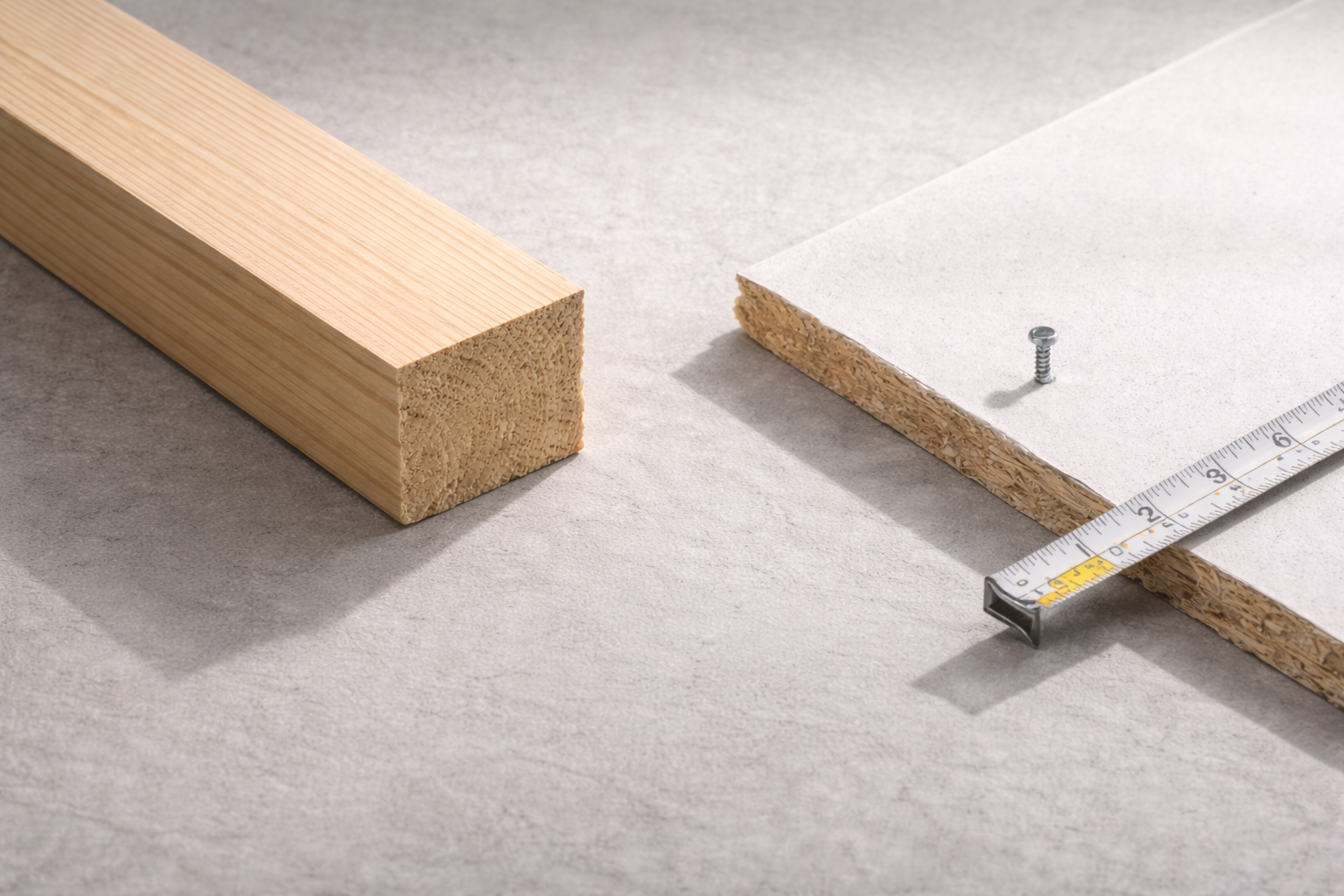 Close-up showing dimensional lumber beside a drywall panel with a tape measure checking thickness