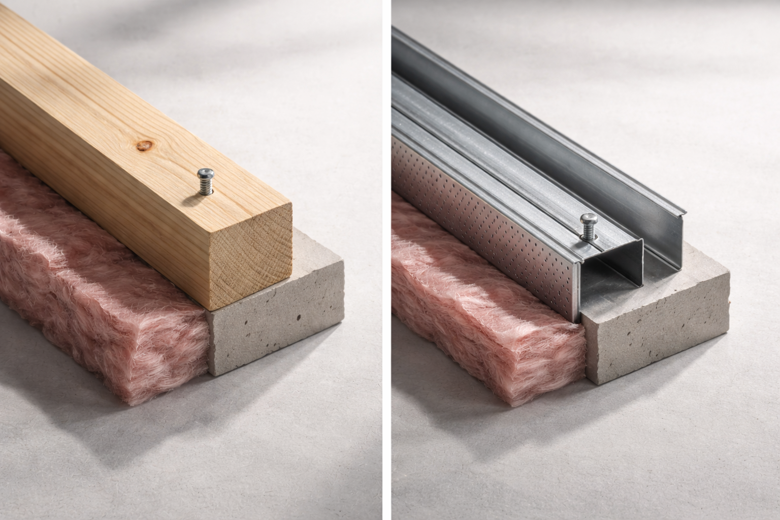 Wood studs vs metal studs: steel stud track fastened to slab with insulation below.