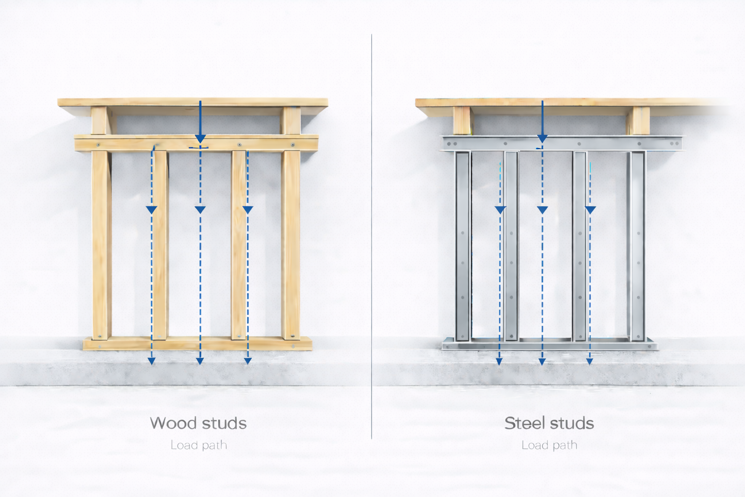 Wood studs vs steel studs load path comparison showing load distributed through three studs.