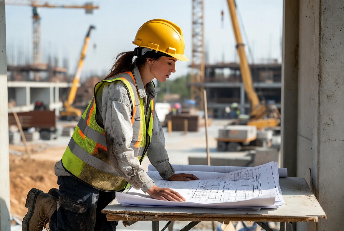 A female construction manager reviewing plans at outdoor desk on active construction jobsite.