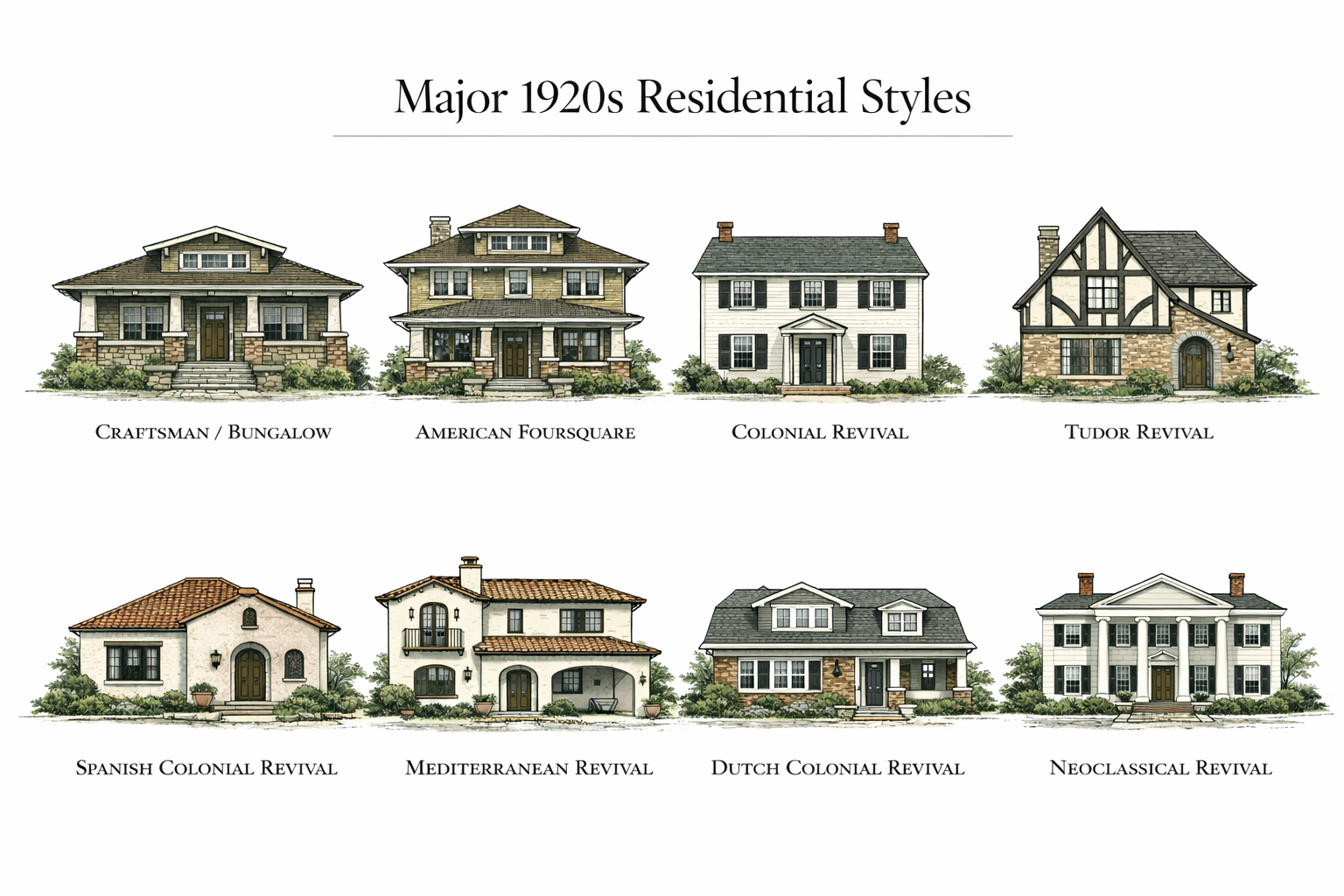 Major 1920s American residential house styles comparison diagram with eight common revival types.