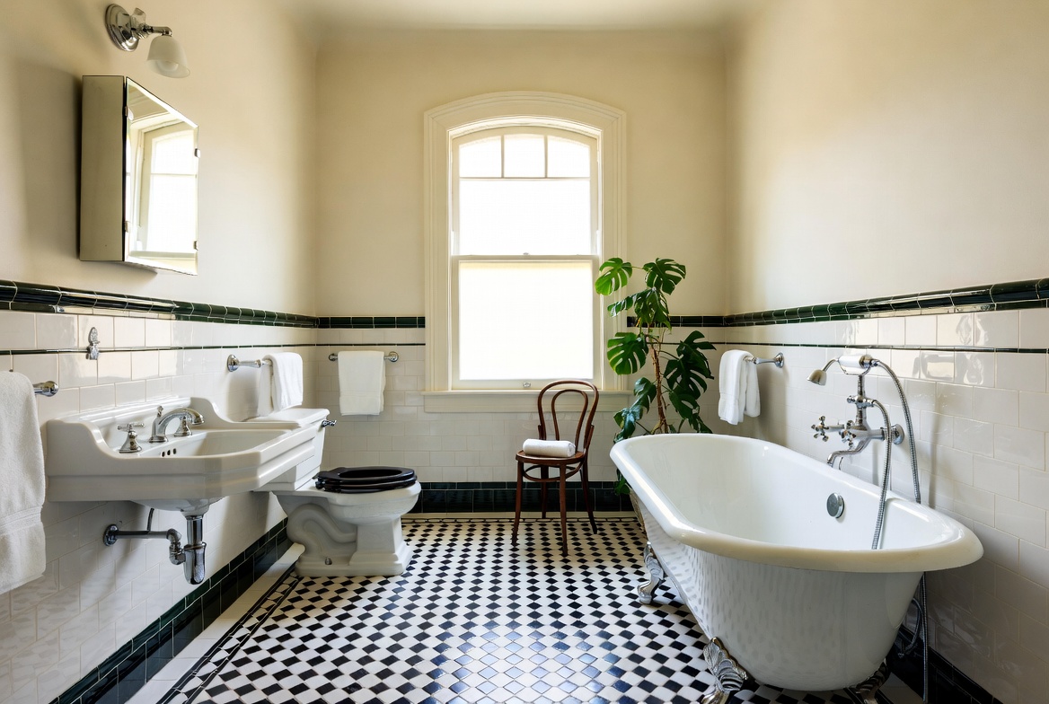Narrow 1930s layout done right: checkerboard floors, arched window, and classic clawfoot tub.