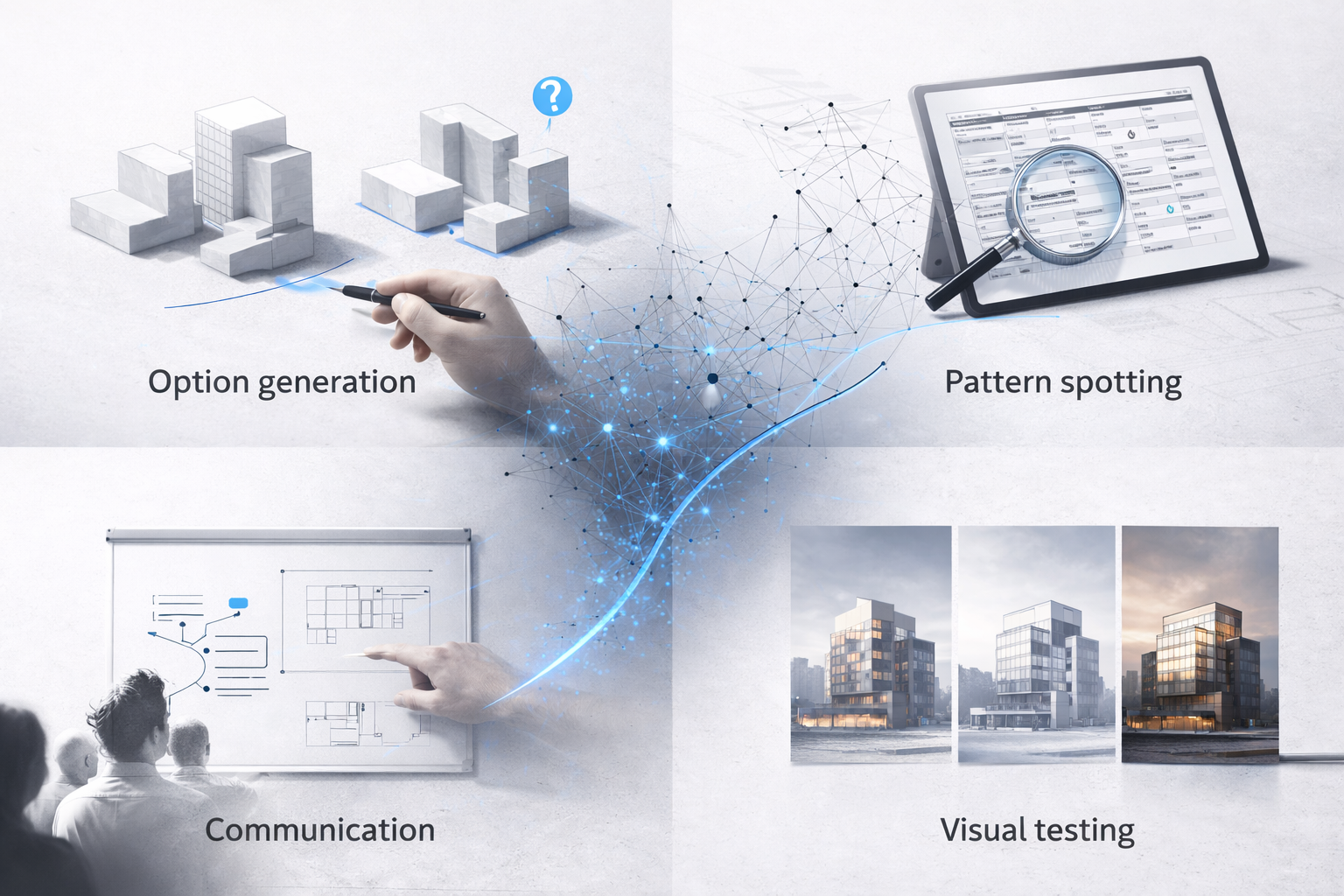 Infographic showing where AI helps architects: options, pattern checks, communication, visuals