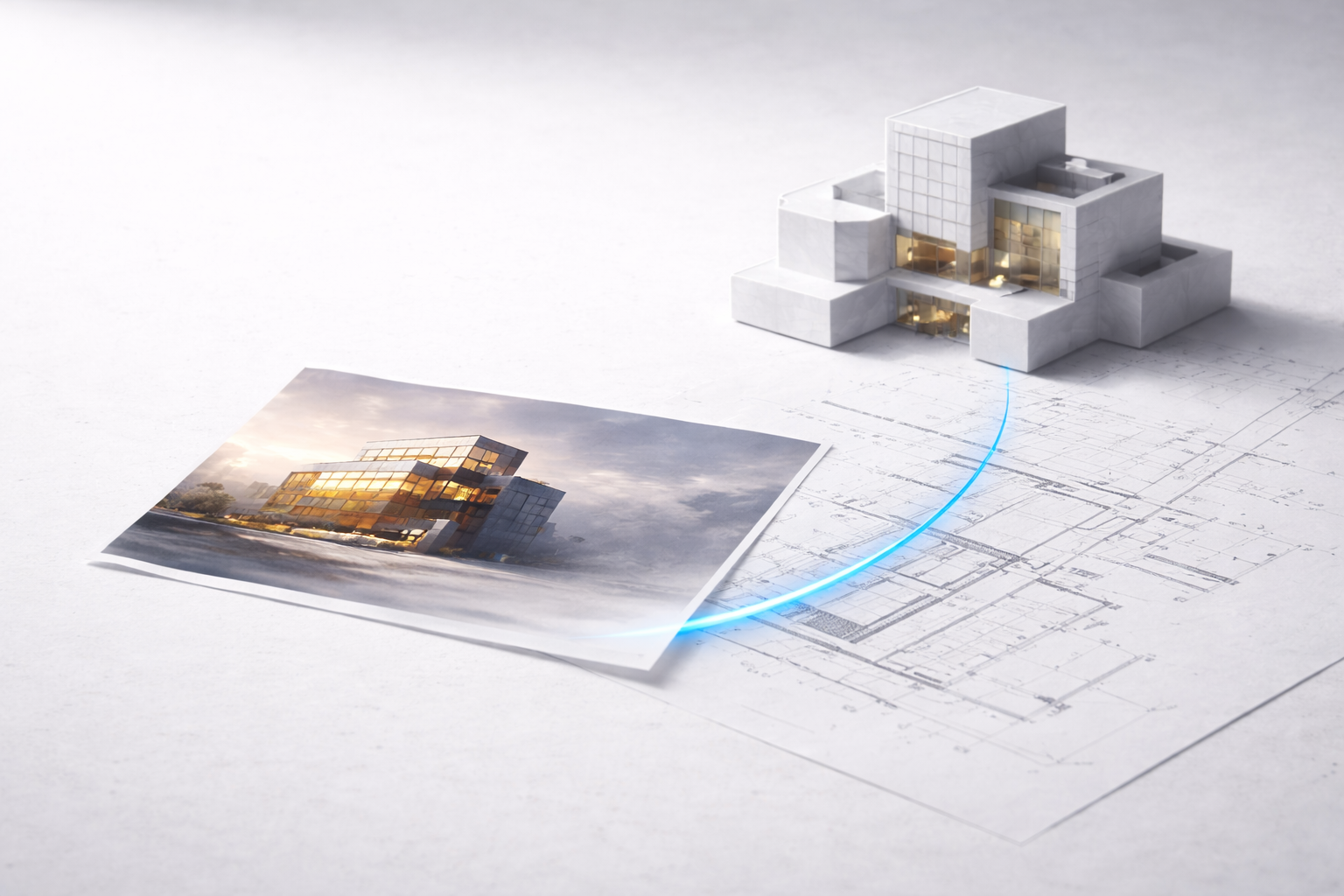 Infographic-style image of a rendering print linked to plan/section drawings by a blue line.