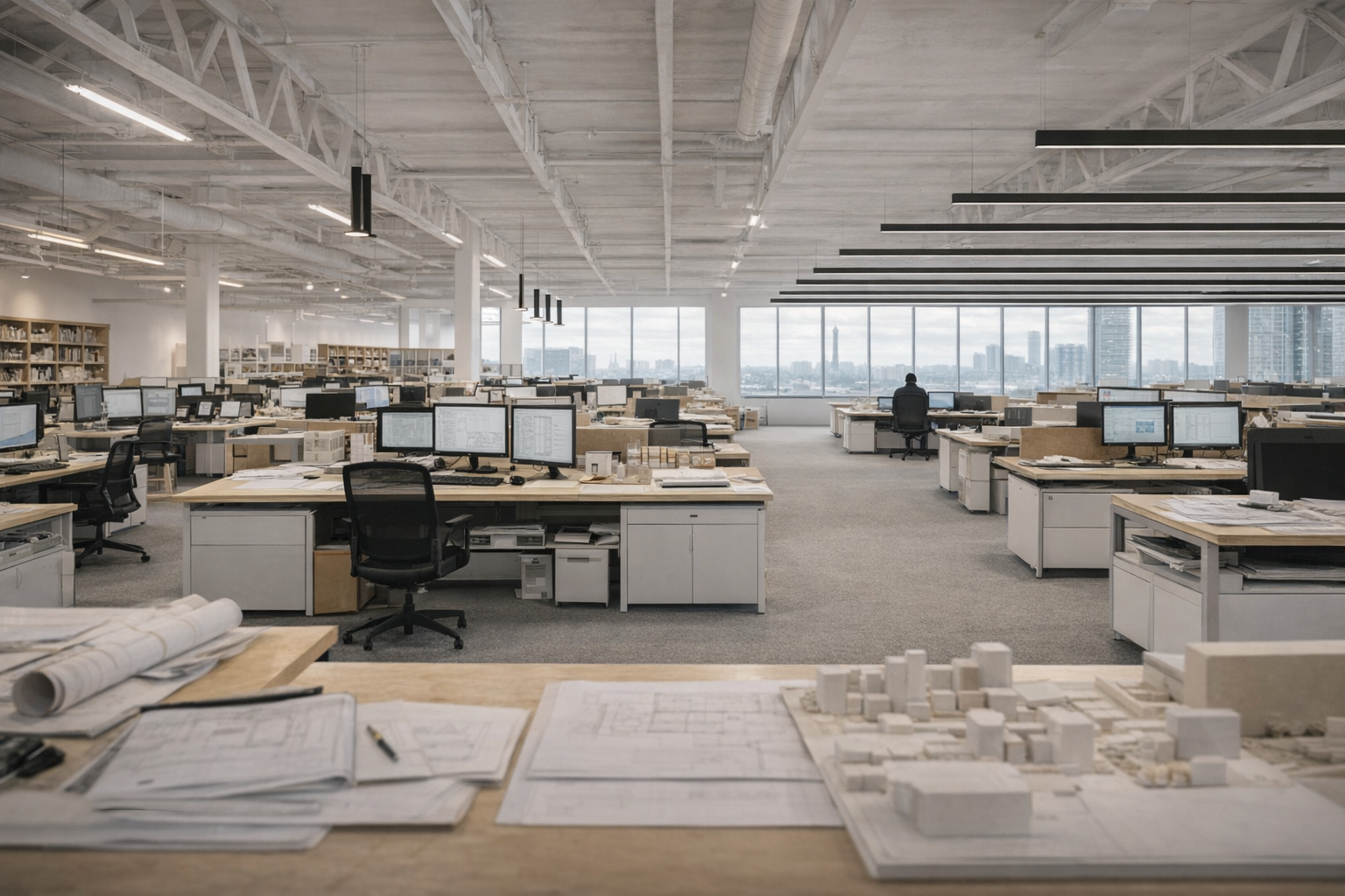 Almost empty open-plan architecture studio with long desks and model shelves.