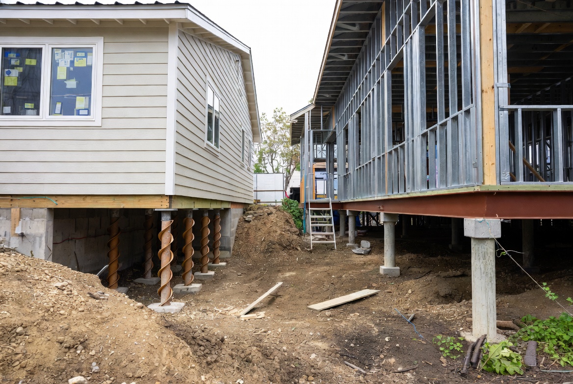 Raised houses supported by helical piles and piers on an active construction site.