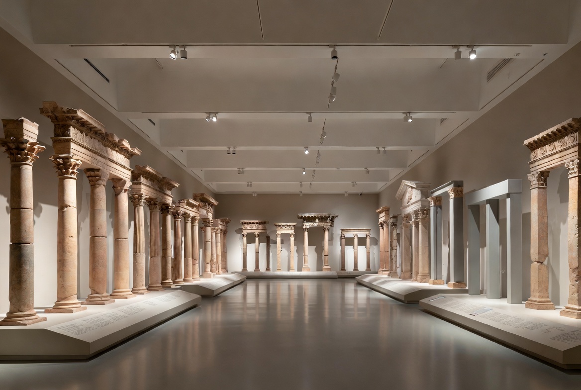 Museum gallery displaying ancient architectural fragments and columns in a chronological study setting.