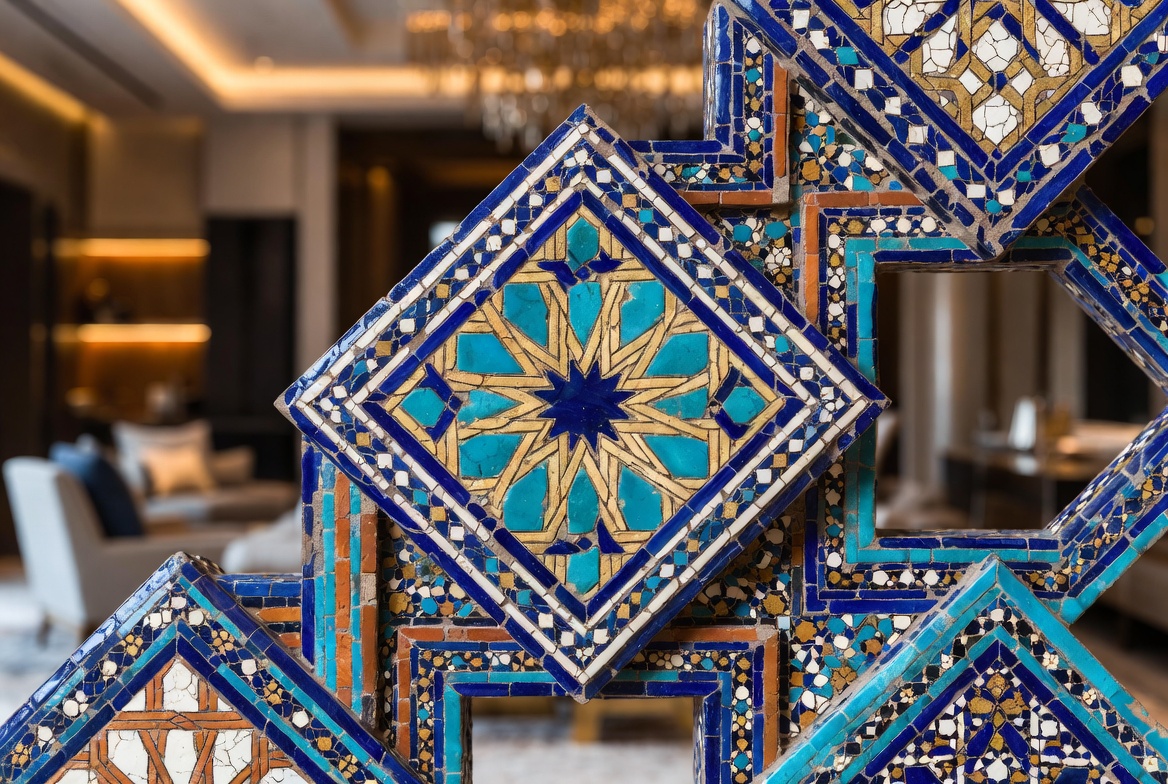 Arabic geometric tile object with blue and turquoise star patterns in glazed mosaic pieces.