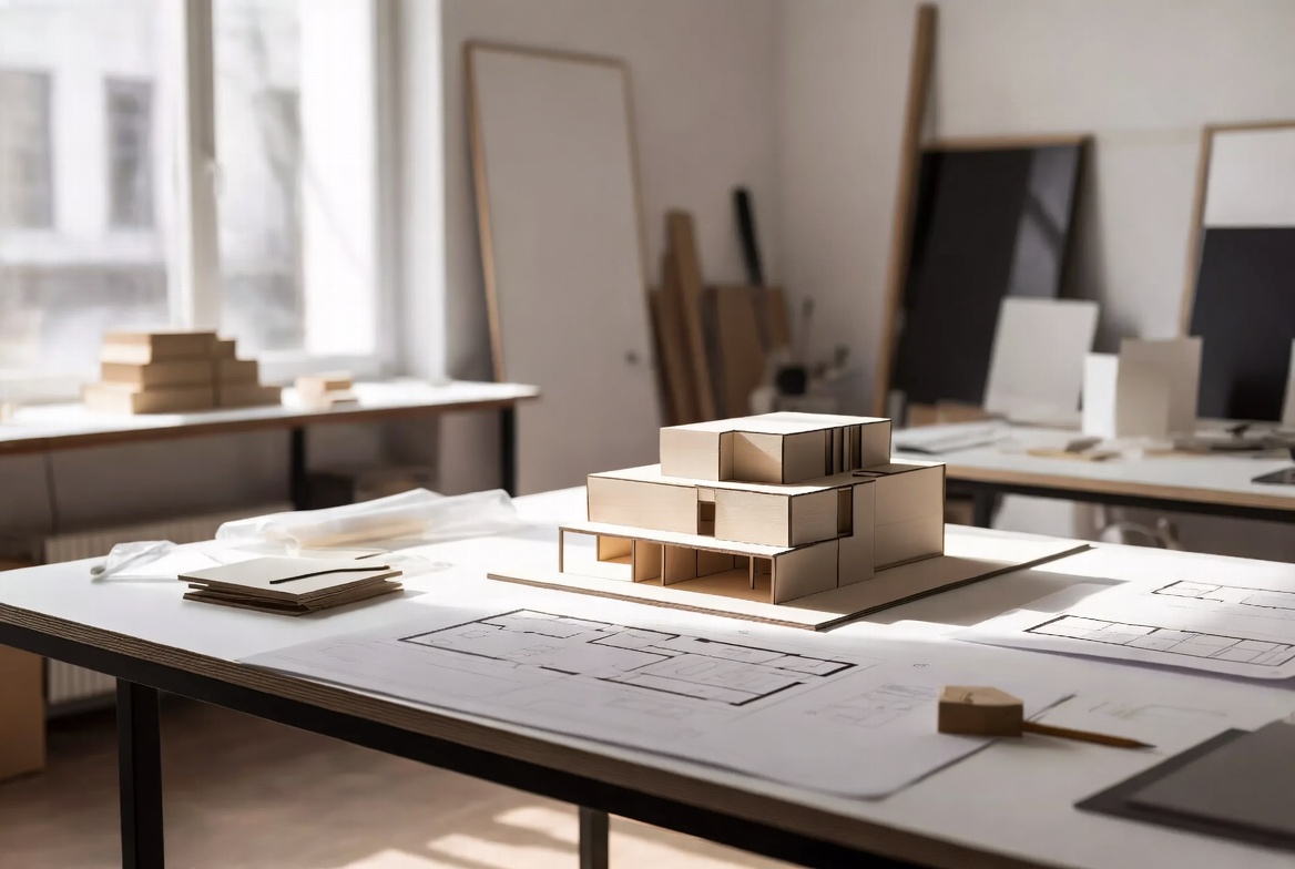 Architectural study model and drawings showing how architecture shapes buildings and daily life.