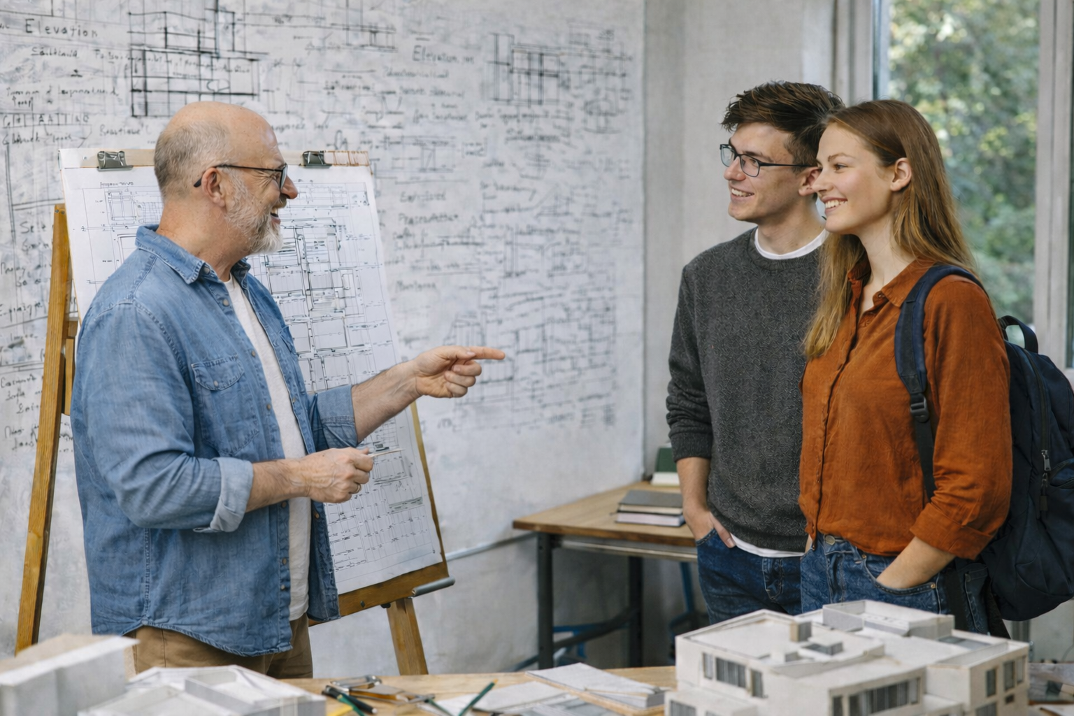 Architecture professor mentoring two students in studio with blueprint easel and scale model.