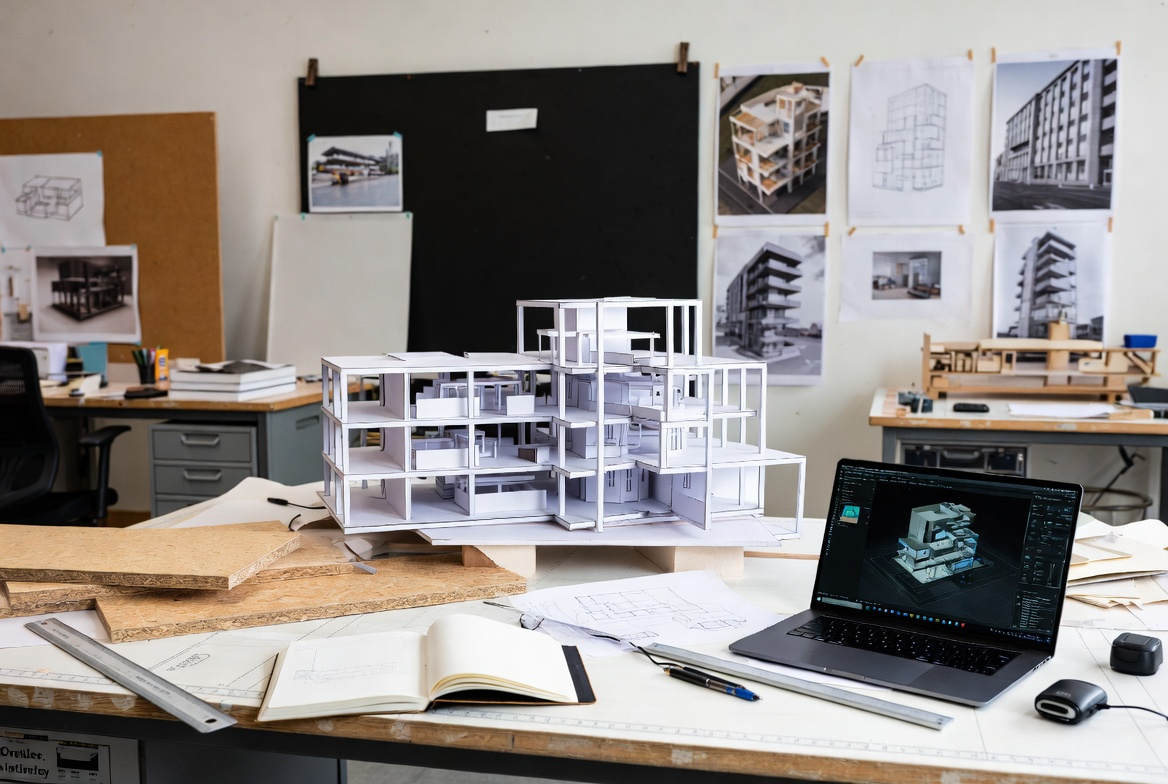 A working architecture studio desk showing physical massing models.