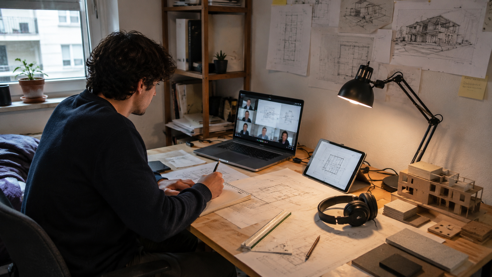 Remote architecture student working at a home desk with a laptop critique call, tablet floor plan, trace paper, model, samples, ruler, headphones, and pinned drawings.