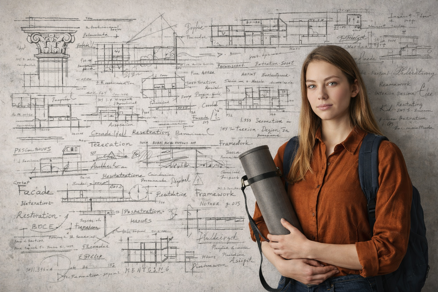 Female architecture student with blueprint tube against a wall of hand-drawn plans and details.