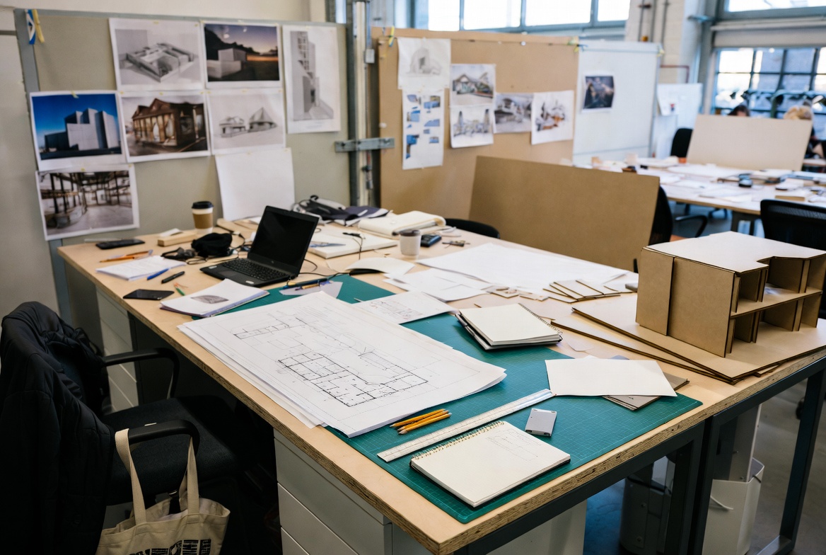 Architecture studio desk with drawings, chipboard model, and pinned design work.