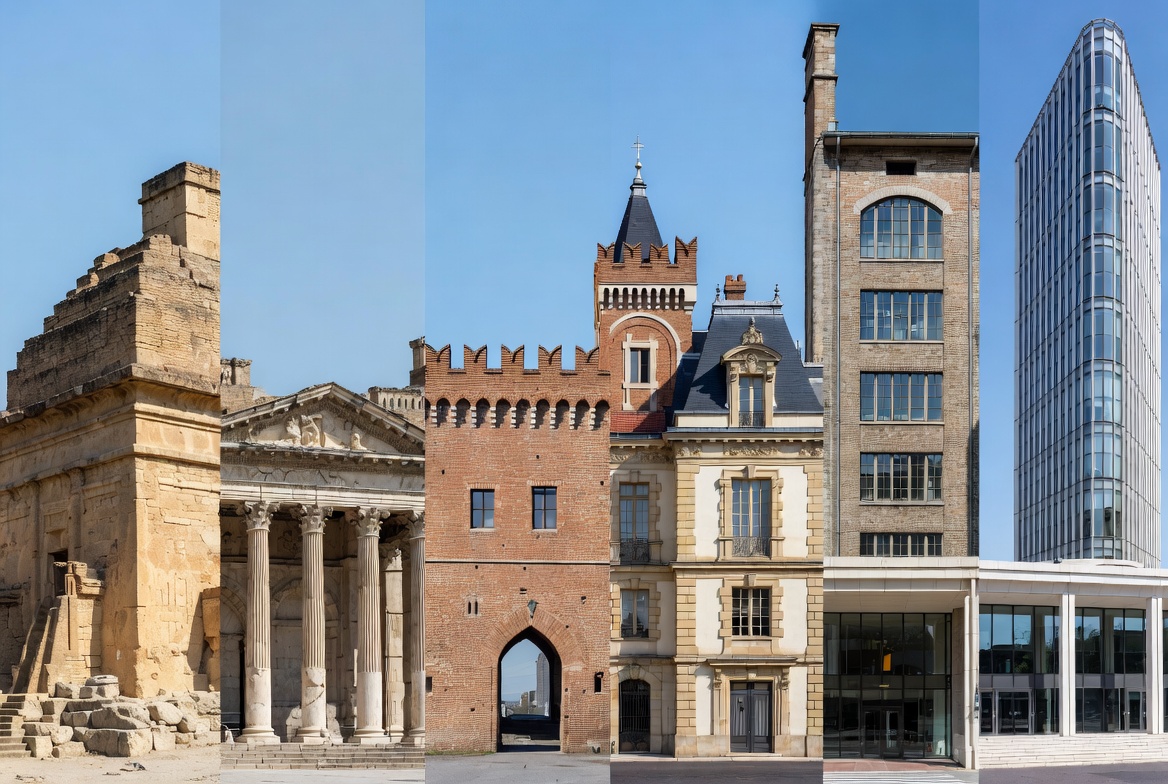 Lineup of architectural styles from ancient monumental forms to modern buildings.