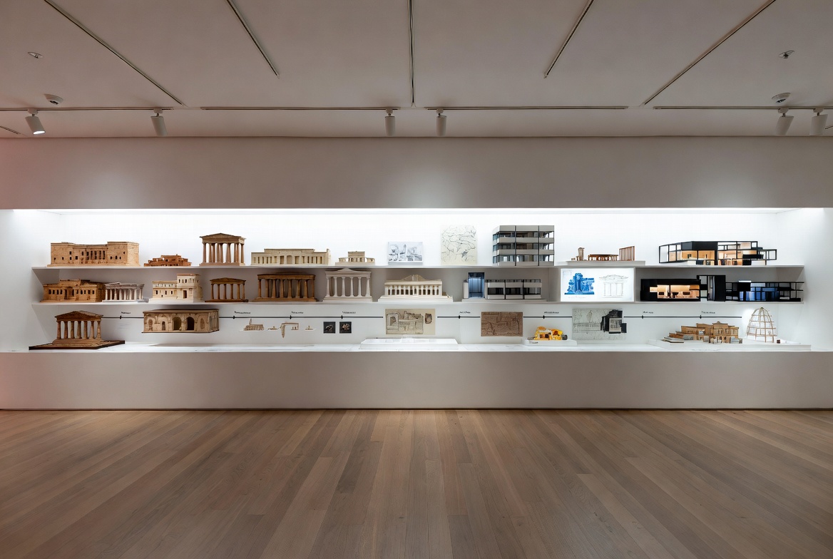 Museum exhibition showing architecture models and drawings from ancient classical forms to modern buildings.