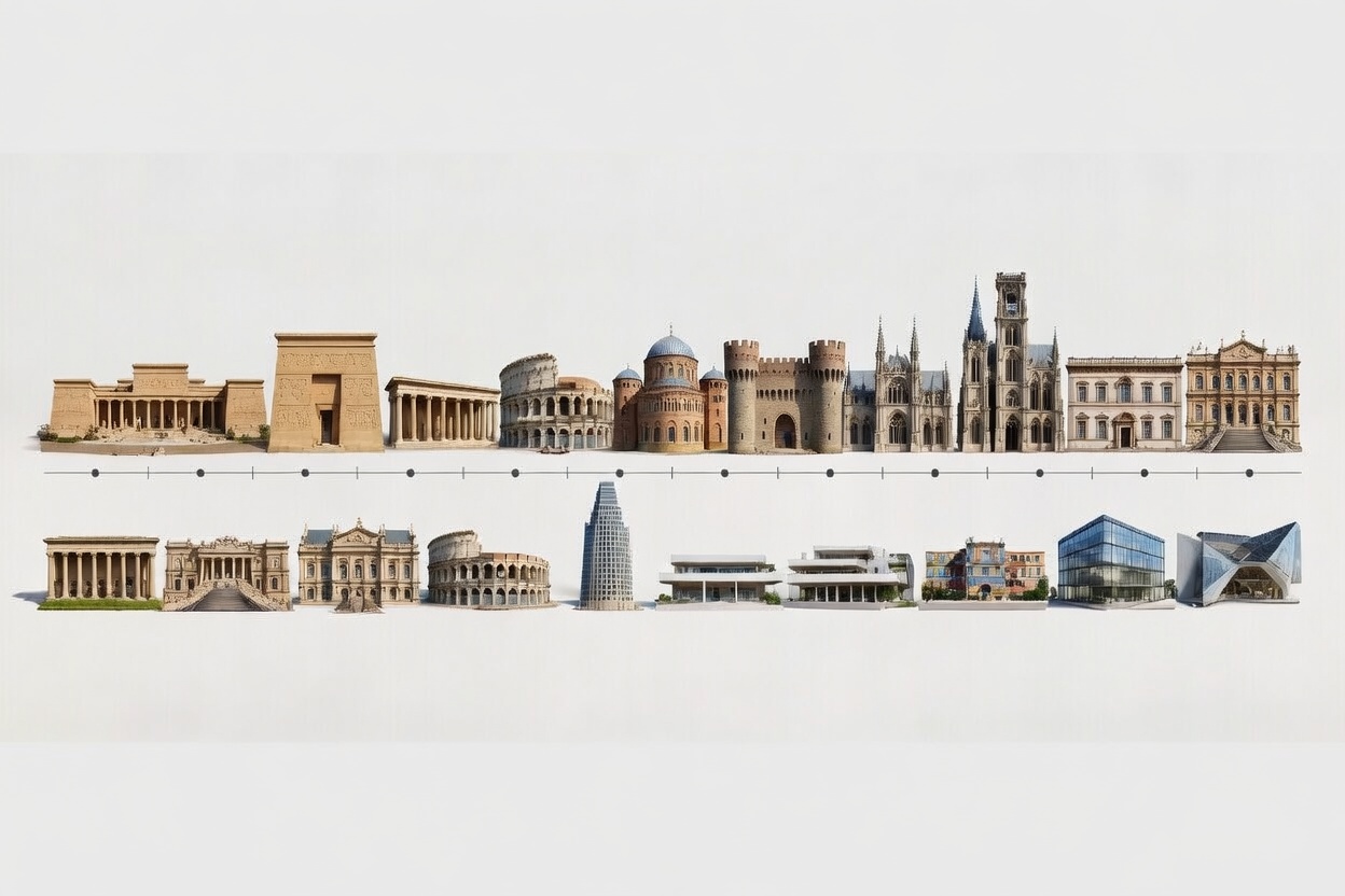 Architectural style timeline showing model buildings progressing from classical architecture to modern skyscrapers.