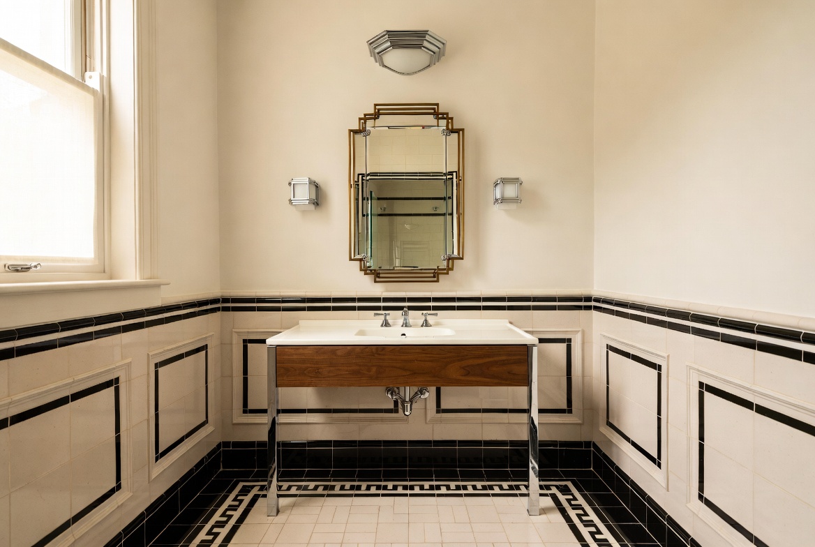 Art Deco bathroom with stepped mirror, black border tile, chrome sink stand, and geometric floor detail.