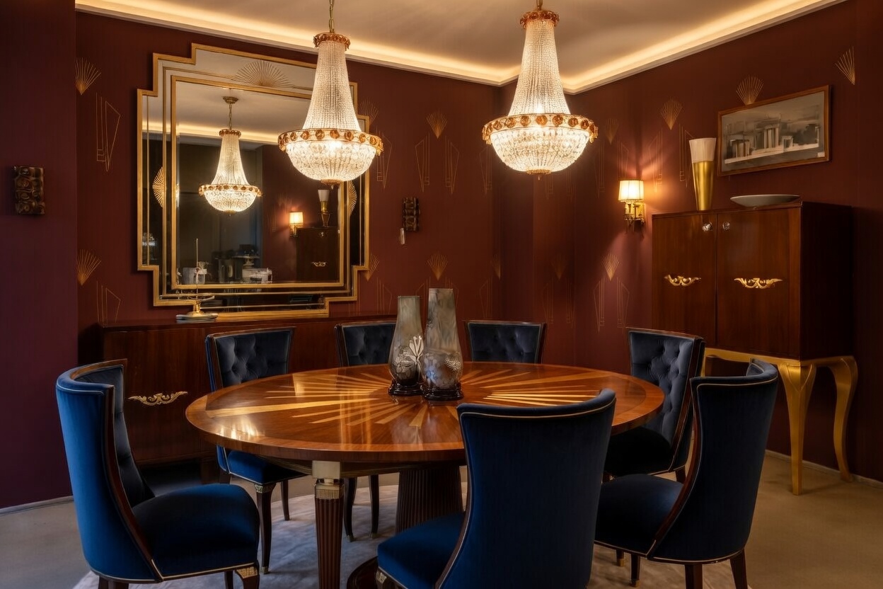 Art Deco-inspired dining room with deep red walls, blue velvet chairs, crystal chandeliers, and sunburst wood table.