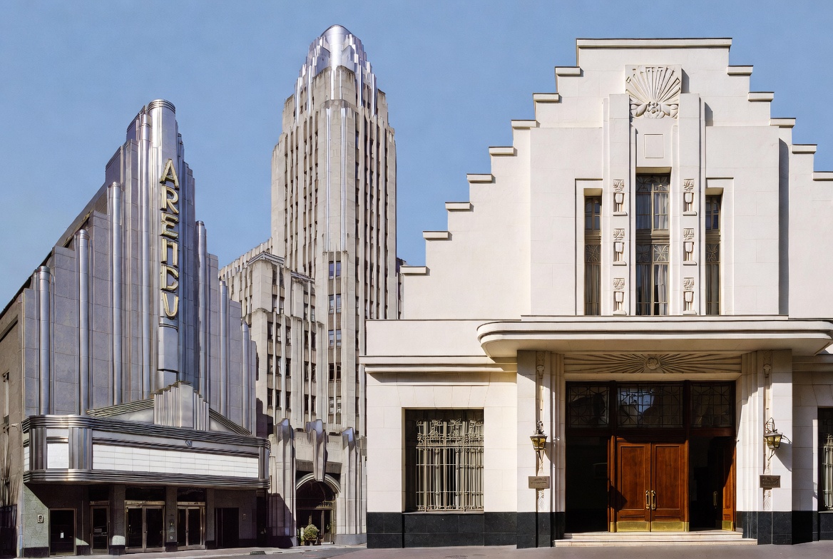 Art Deco buildings showing stepped massing, streamlined theater frontage, and geometric facade ornament.