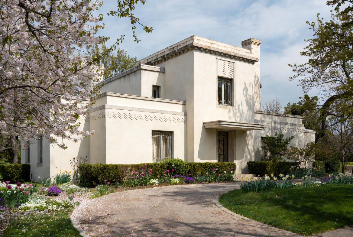 Art Deco house with smooth stucco walls, a stepped parapet, geometric ornament, and a symmetrical facade.