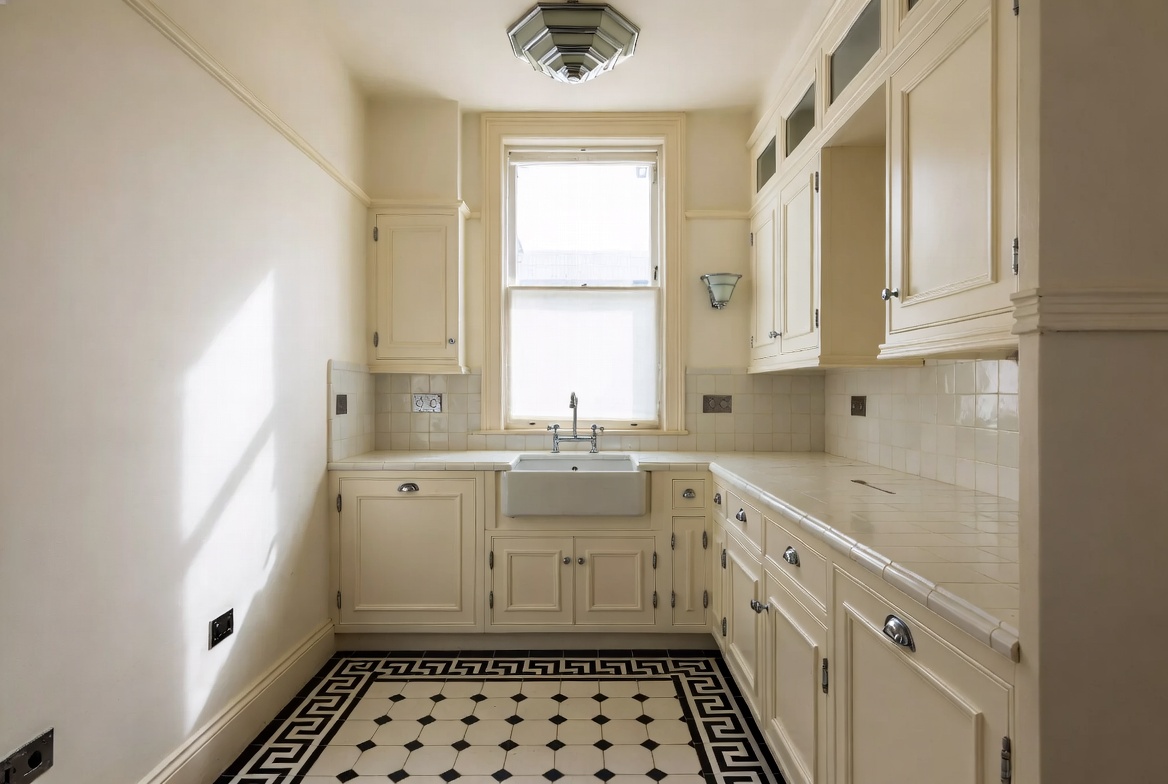 Art Deco kitchen with cream cabinets, black-and-white geometric tile floor, farmhouse sink, and simple period lighting.