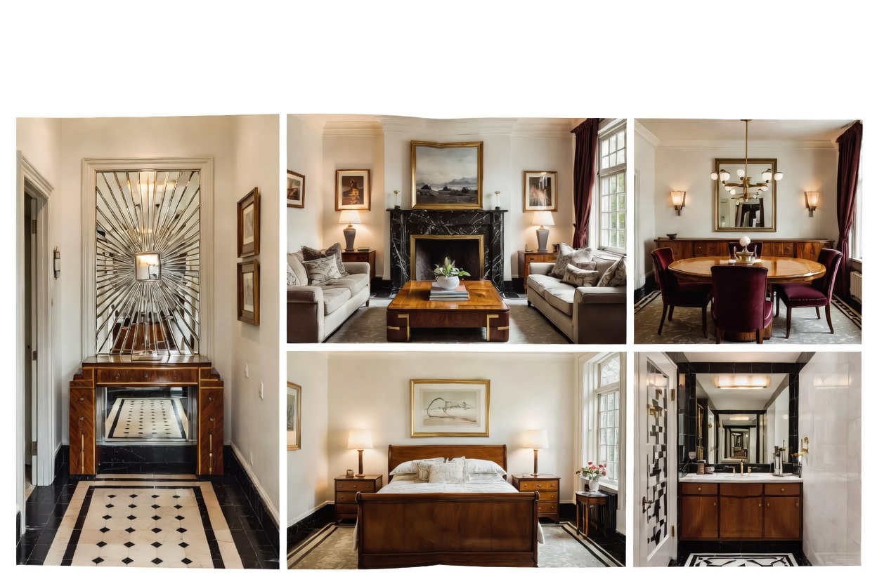 Art Deco-inspired room guide showing entry, living room, dining room, bedroom, and bathroom design ideas.