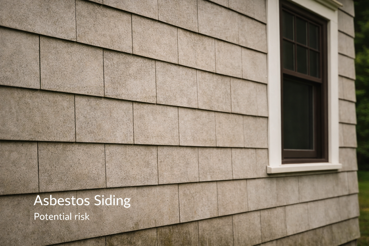 Asbestos cement siding shingles on older residential house exterior wall near window.