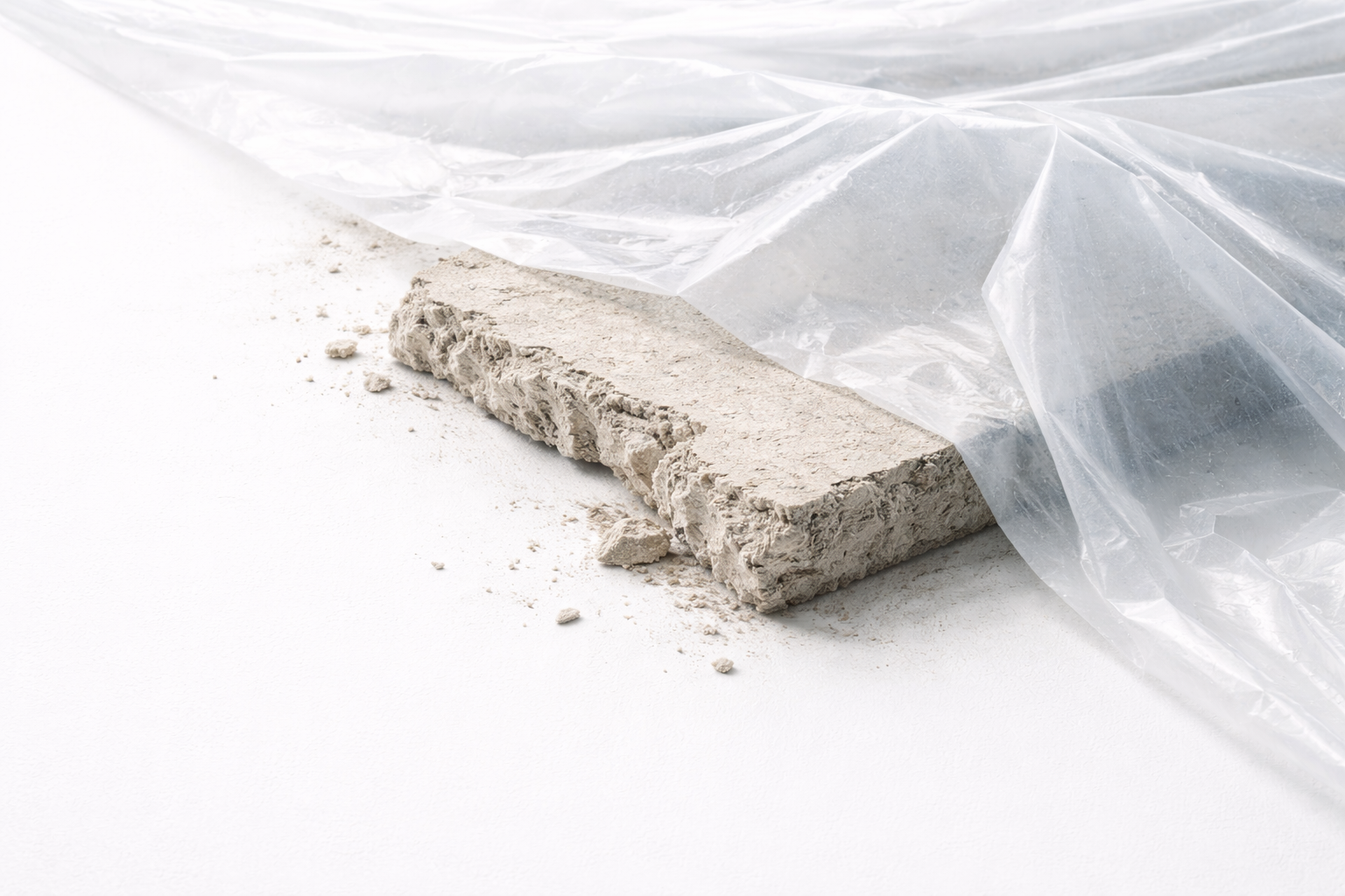 Asbestos encapsulation detail showing sealed insulation board under polyethylene sheeting.