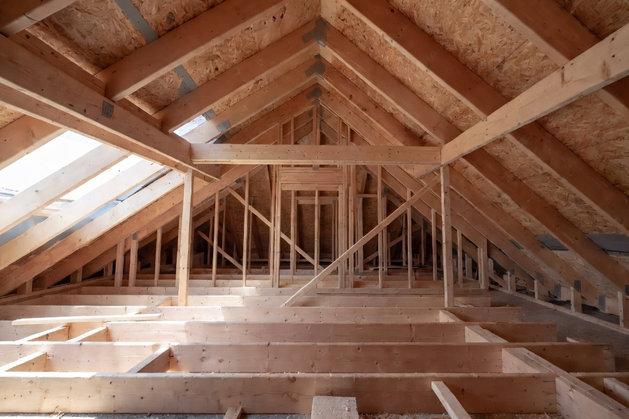 Interior roof framing with diagonal and horizontal bracing members inside an unfinished attic space.