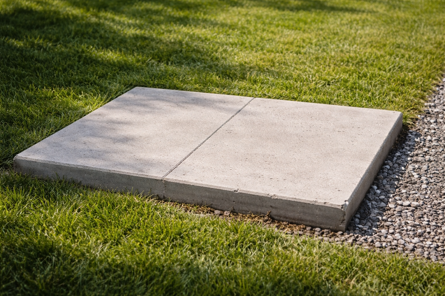Backyard concrete pad with broom finish, control joint, and gravel edge.
