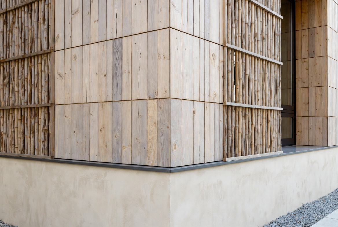 Exterior corner detail combining timber cladding, bamboo screening, and a smooth mineral-finish base wall.