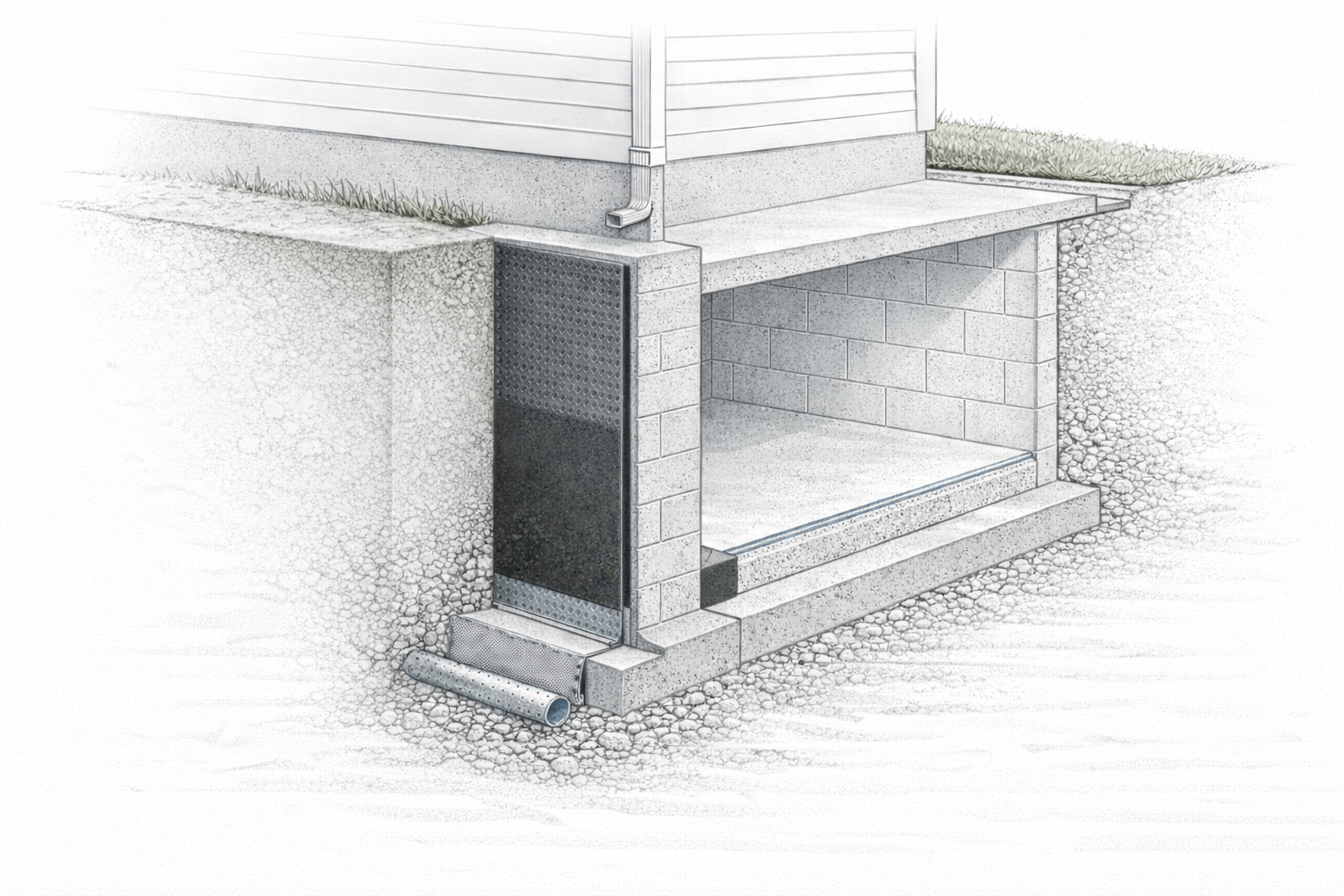 Basement foundation section showing wall, footing drain, waterproofing layer, slab, and sub-slab vapor control.