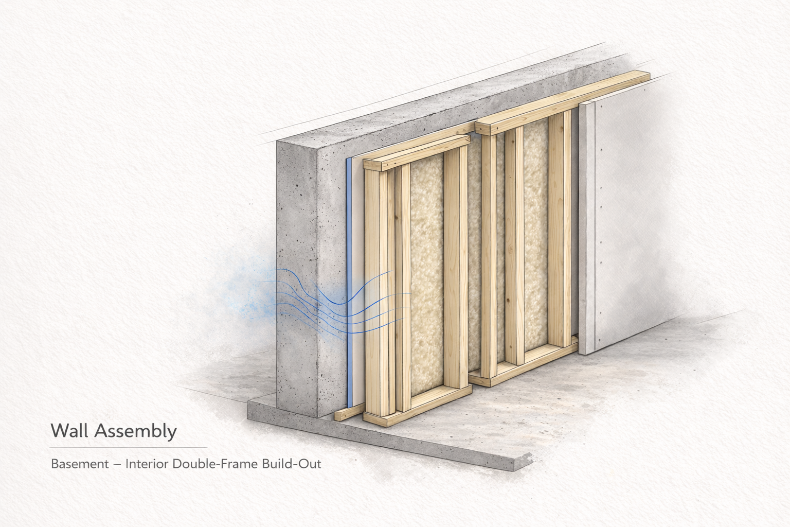 Basement wall diagram showing a concrete wall with rigid foam and an interior double-frame stud build-out.