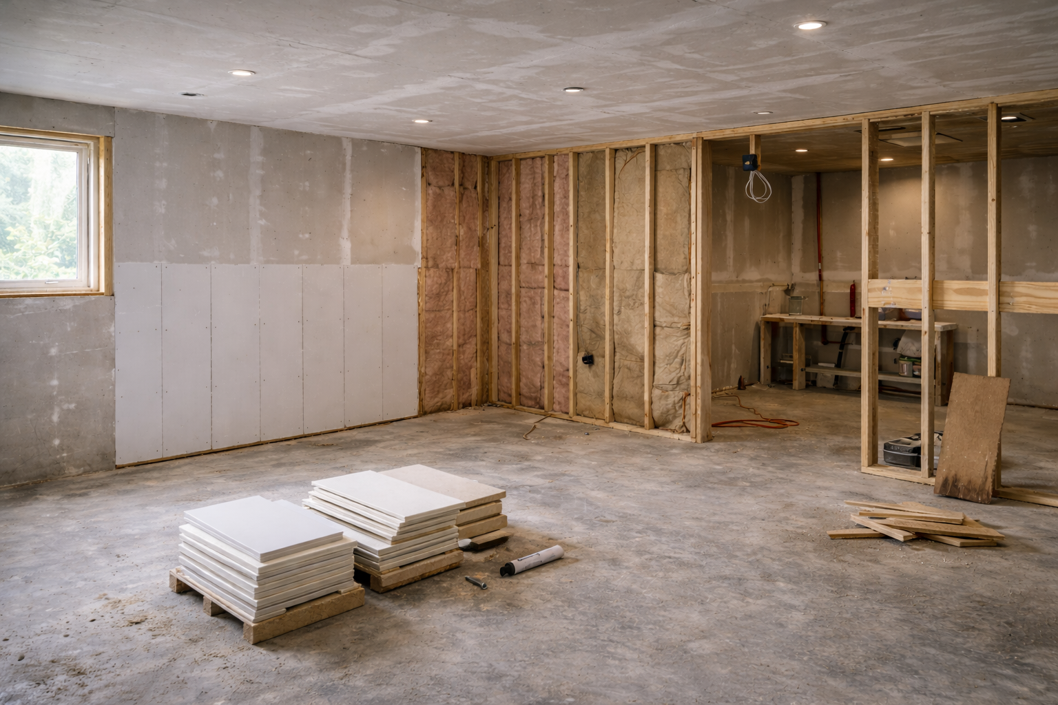 Unfinished basement with wall panels stacked, mixed insulation, framed room, and rough kitchenette