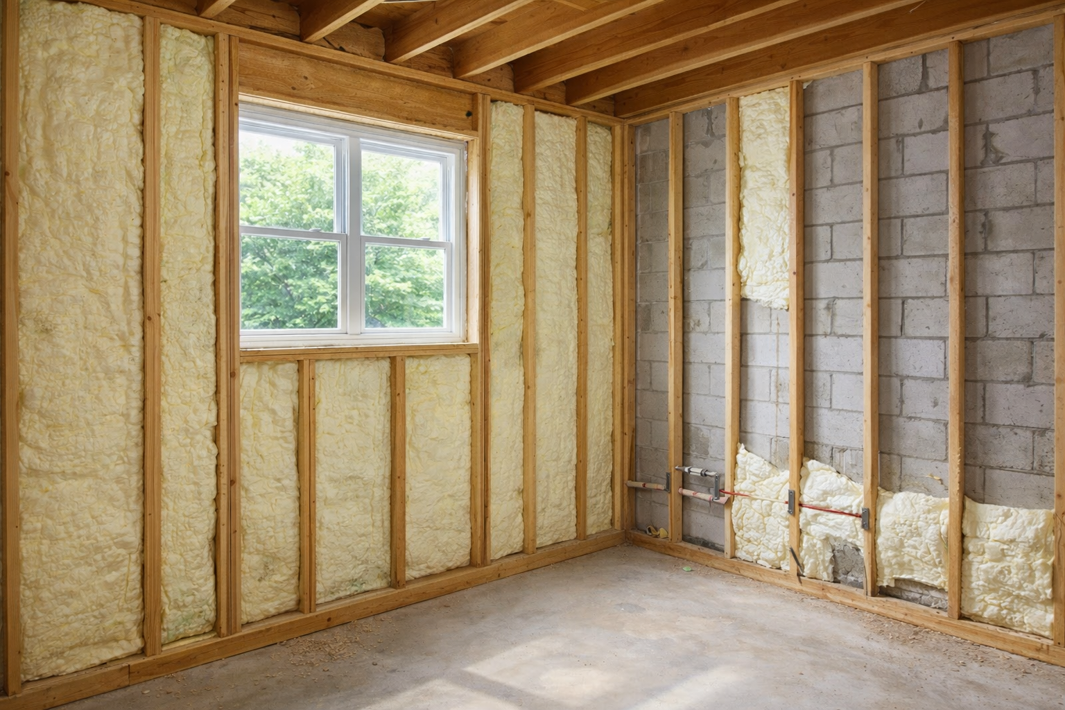 Basement spray foam insulation with wood framing, one wall finished and one wall partially done.