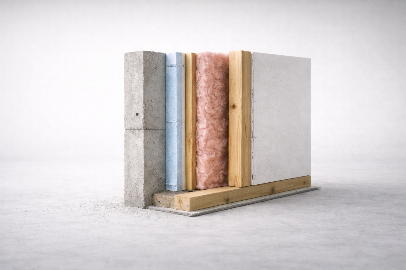 Basement wall cutaway showing concrete, rigid foam, stud wall, batt insulation, and drywall order.