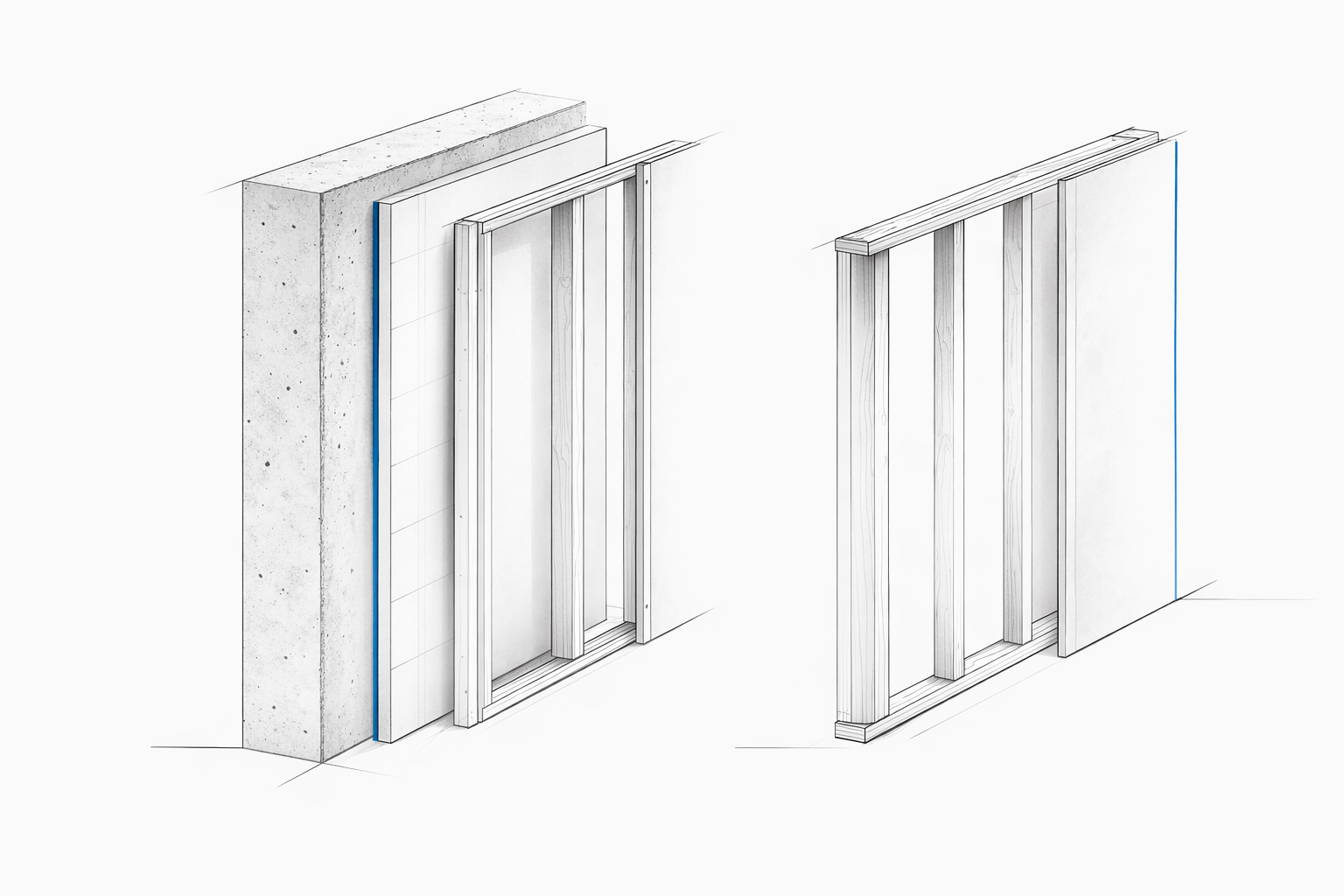 Basement wall diagram: concrete + rigid foam + furring/finish versus an interior partition not touching concrete.
