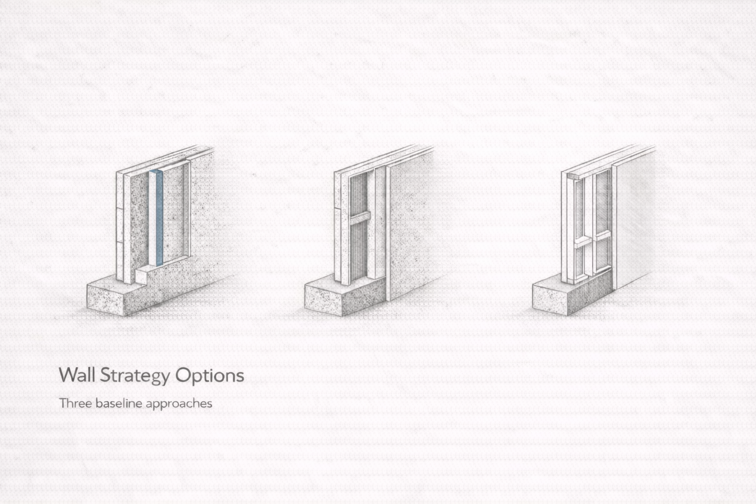 Basement wall strategy options showing three common assemblies for finishing foundation walls.