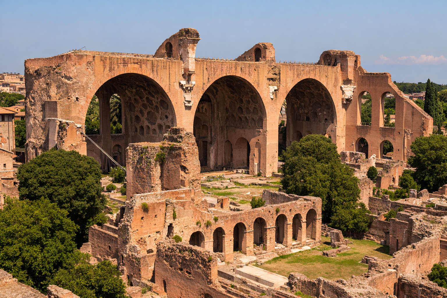 Aerial view of Basilica of Maxentius ruins showing colossal arches, coffered vaults, and surrounding structures.