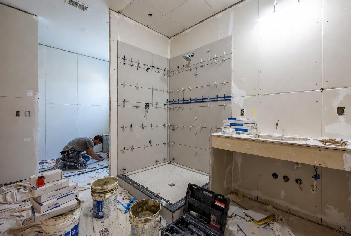 Contractor installing shower wall tile during a residential bathroom remodeling project.