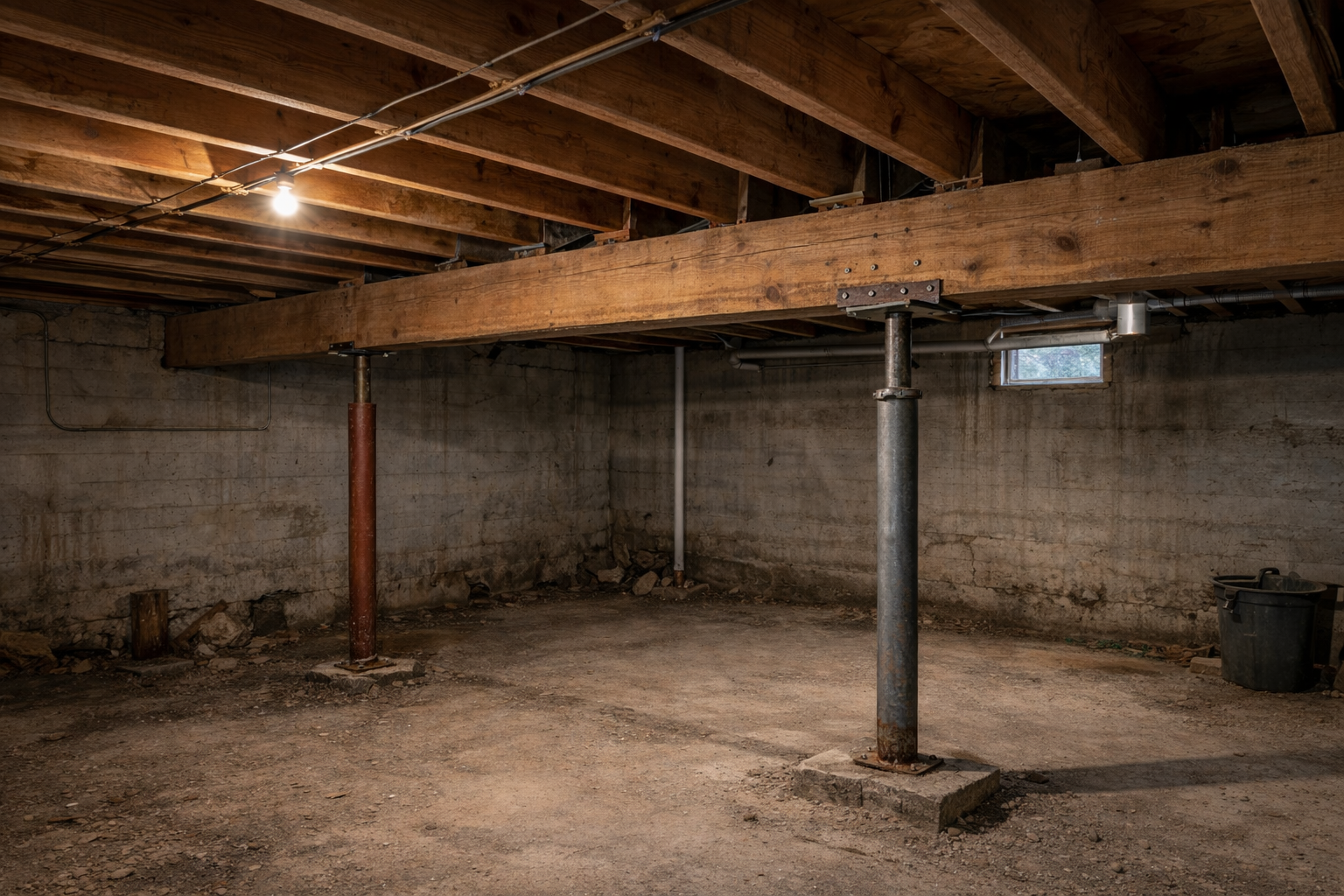Unfinished basement showing a main beam and support posts below floor framing.