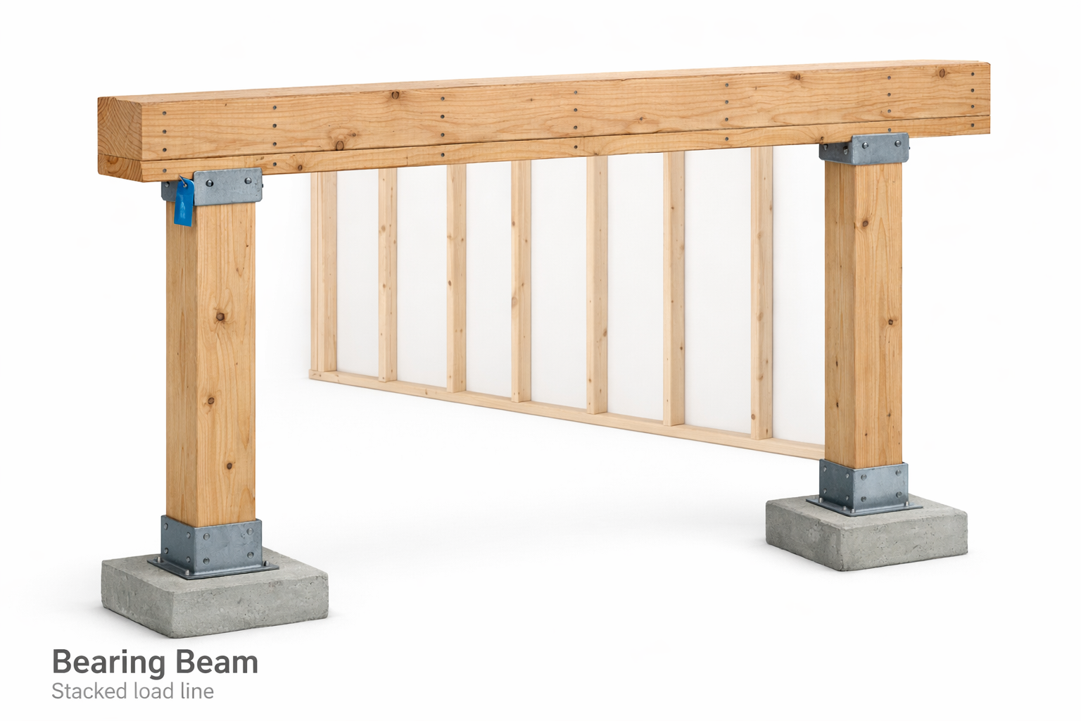 Full-scale 3-ply beam supported by posts showing load path in basement/garage mockup.