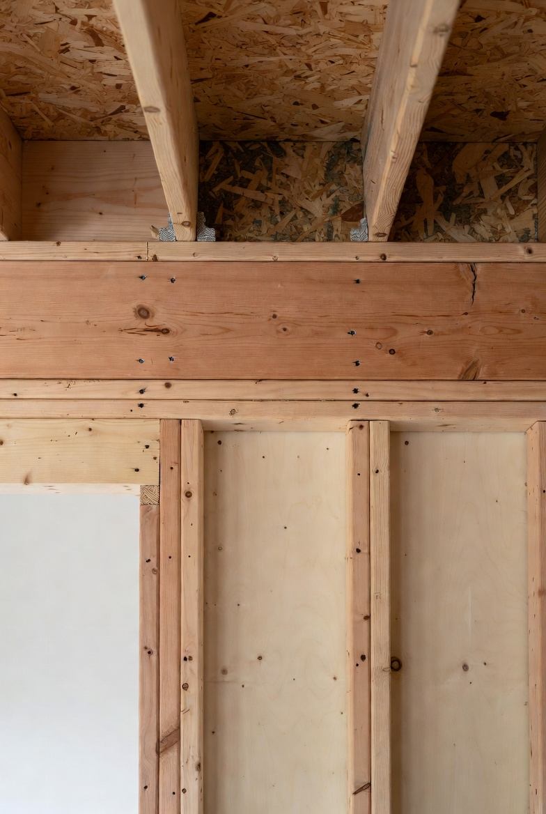 Bearing wall framing detail showing joists bearing on a built-up support line in a single-story house.